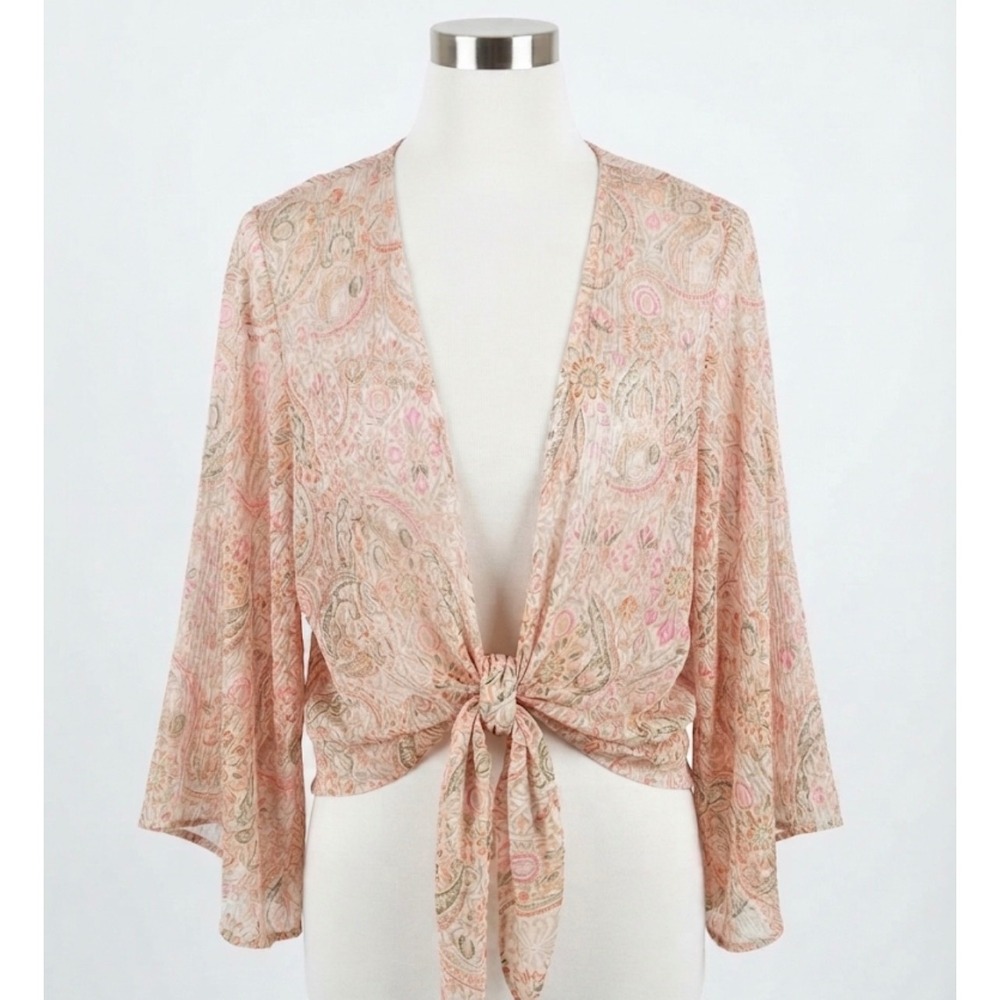 Cato XL Pink Paisley Metallic Shimmer Open Front Tie Front Kimono Cardigan Top